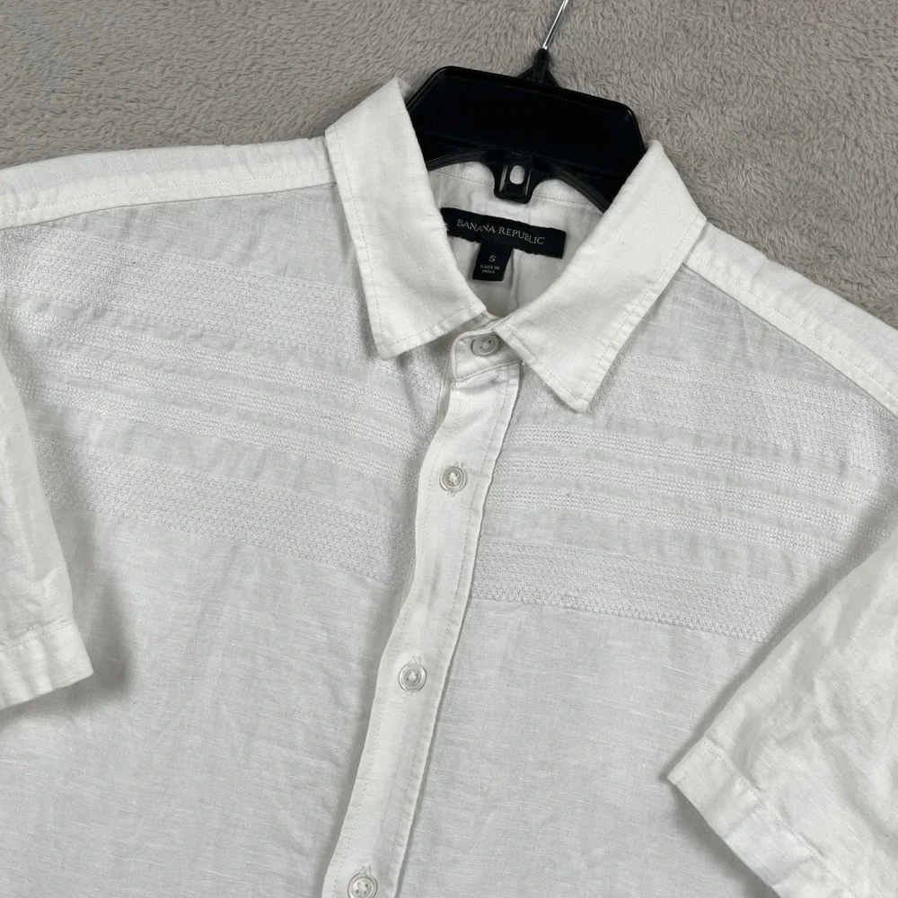 Banana Republic Shirt Mens Small White Linen Blend Textured Button Up Vacation